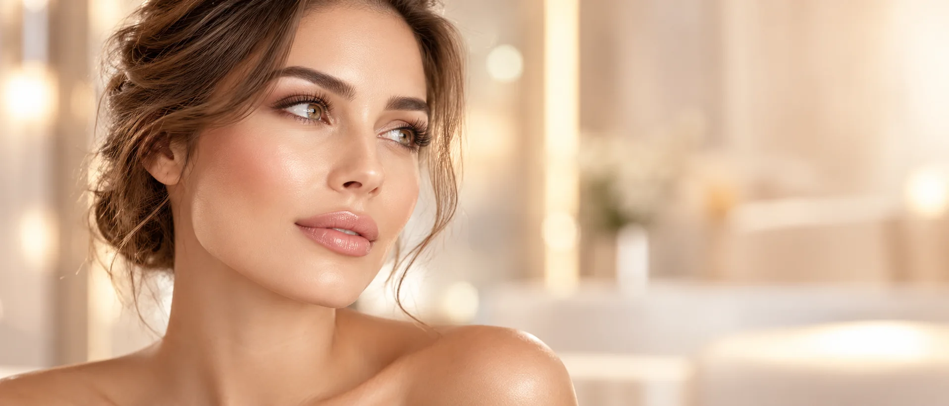 امرأة داخل عيادة تجميل راقية، تظهر ملامح الوجه والعينين والأنف والشفاه بوضوح